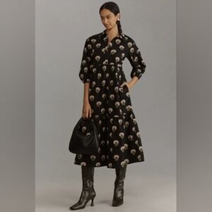 Anthropologie Bettina Tiered Shirt Dress by Maeve Black Floral Small Petite SP